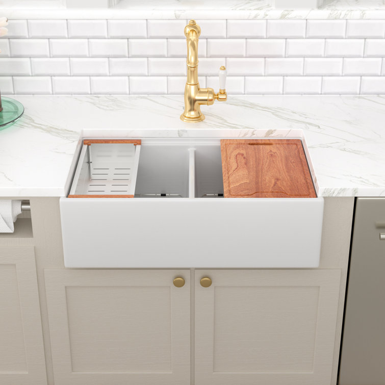 33'' White Ceramic Farmhouse Workstation Kitchen Sink with Accessories