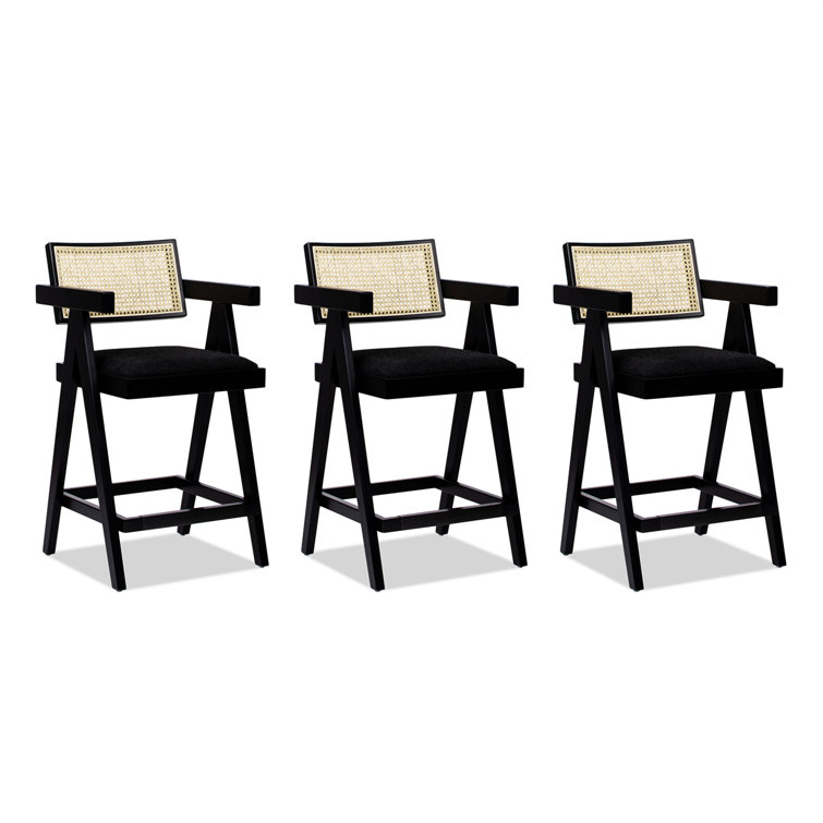 Milan 25.5'' Black Boucle Bar Stools with Cane Back, Set of 3