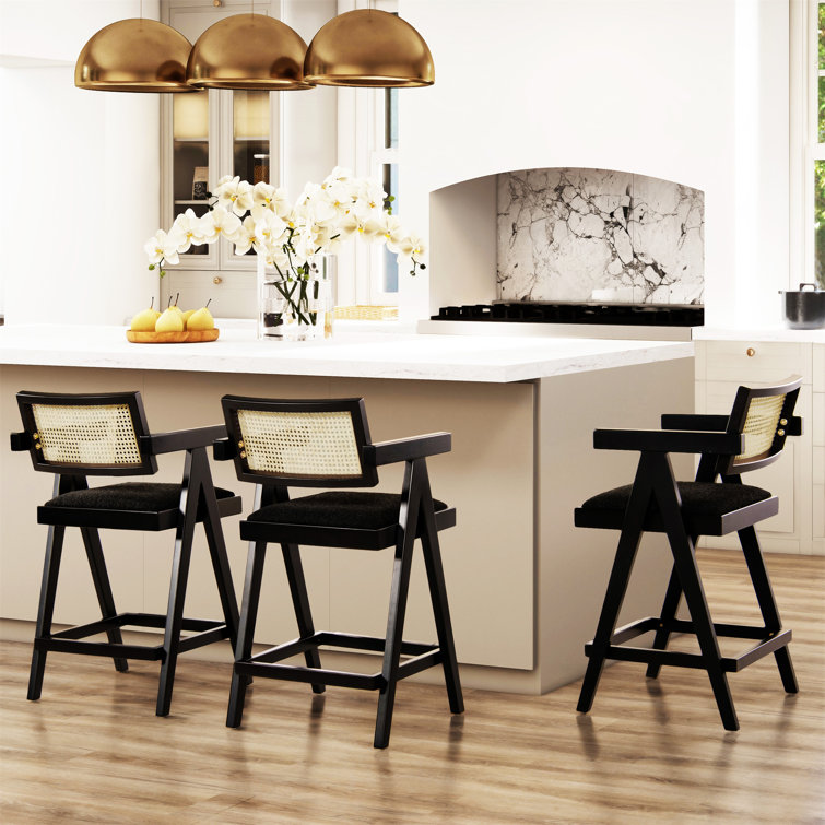 Milan 25.5'' Black Boucle Bar Stools with Cane Back, Set of 3