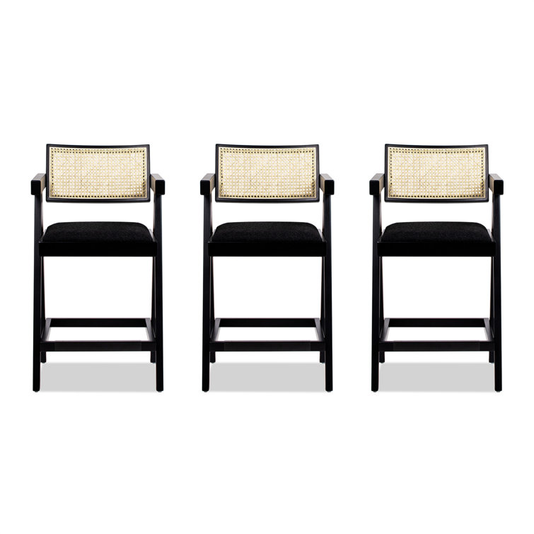 Milan 25.5'' Black Boucle Bar Stools with Cane Back, Set of 3