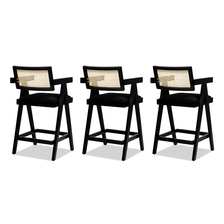 Milan 25.5'' Black Boucle Bar Stools with Cane Back, Set of 3