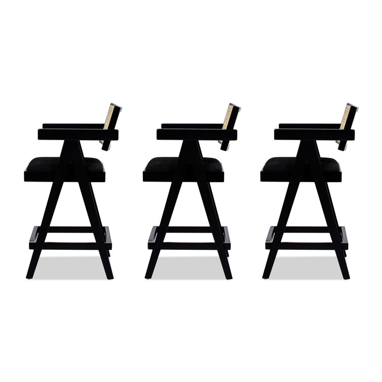 Milan 25.5'' Black Boucle Bar Stools with Cane Back, Set of 3