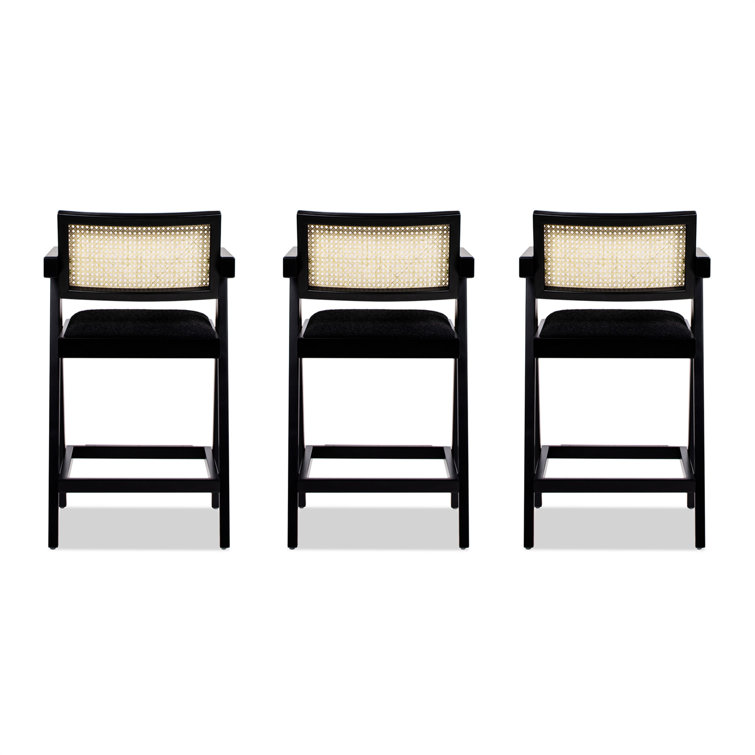 Milan 25.5'' Black Boucle Bar Stools with Cane Back, Set of 3