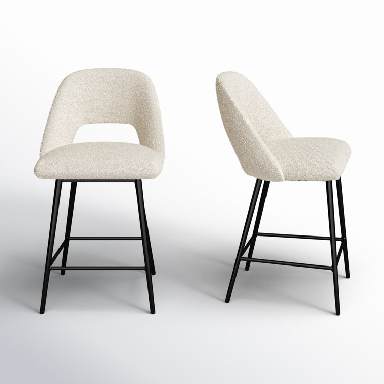 White Boucle Upholstered Counter Stools with Black Metal Legs, Set of 2