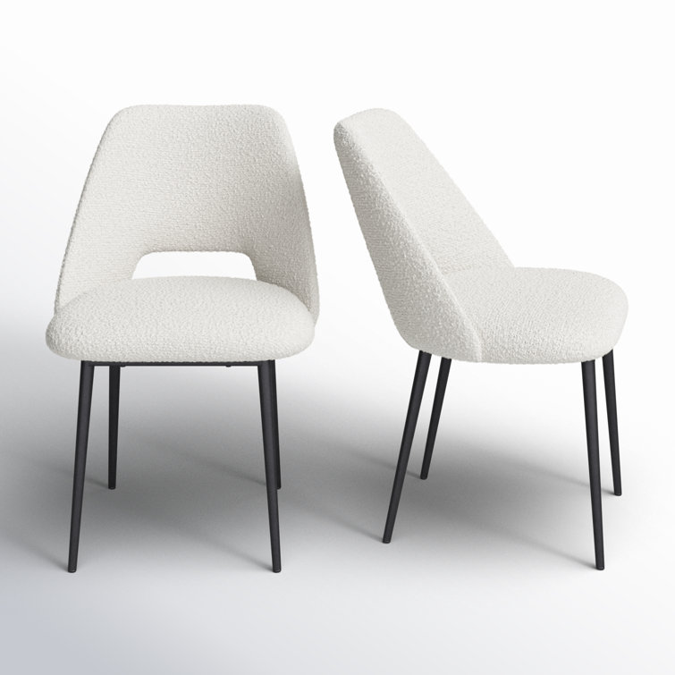 White Boucle Upholstered Side Chair with Metal Legs, Set of 2