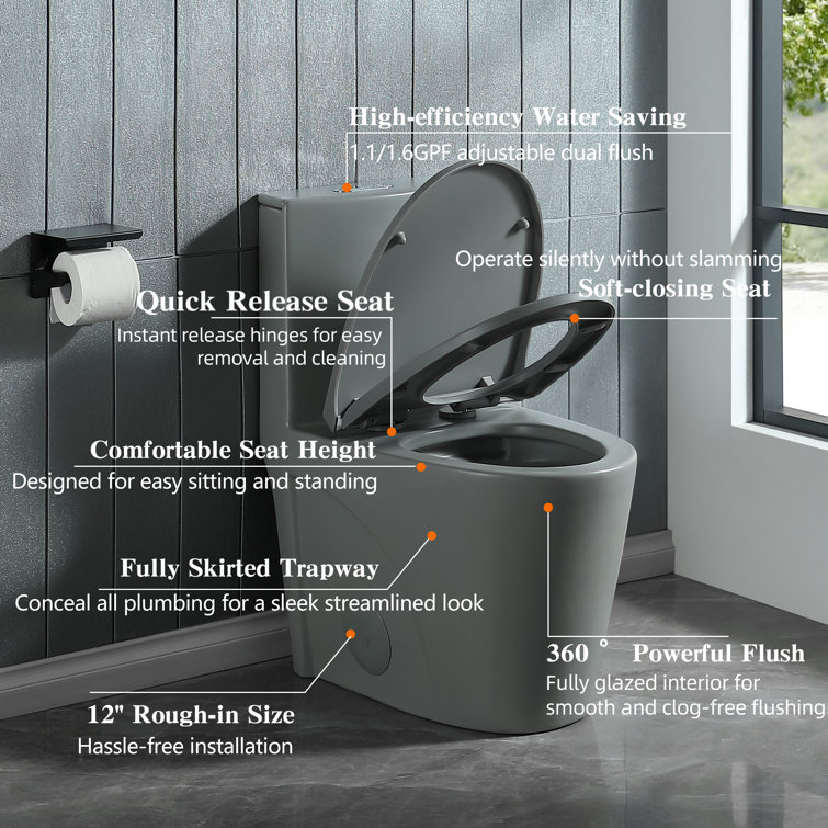 Light Gray Ceramic Dual-Flush Elongated One-Piece Toilet
