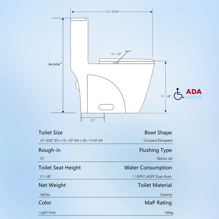 Light Gray Ceramic Dual-Flush Elongated One-Piece Toilet