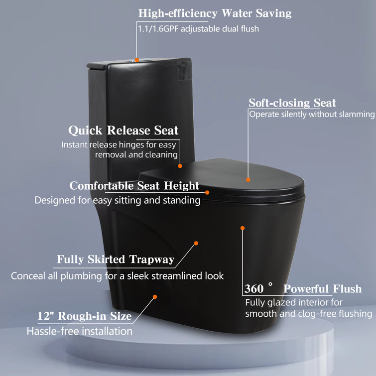 Matte Black Ceramic Dual Flush Elongated One-Piece Toilet