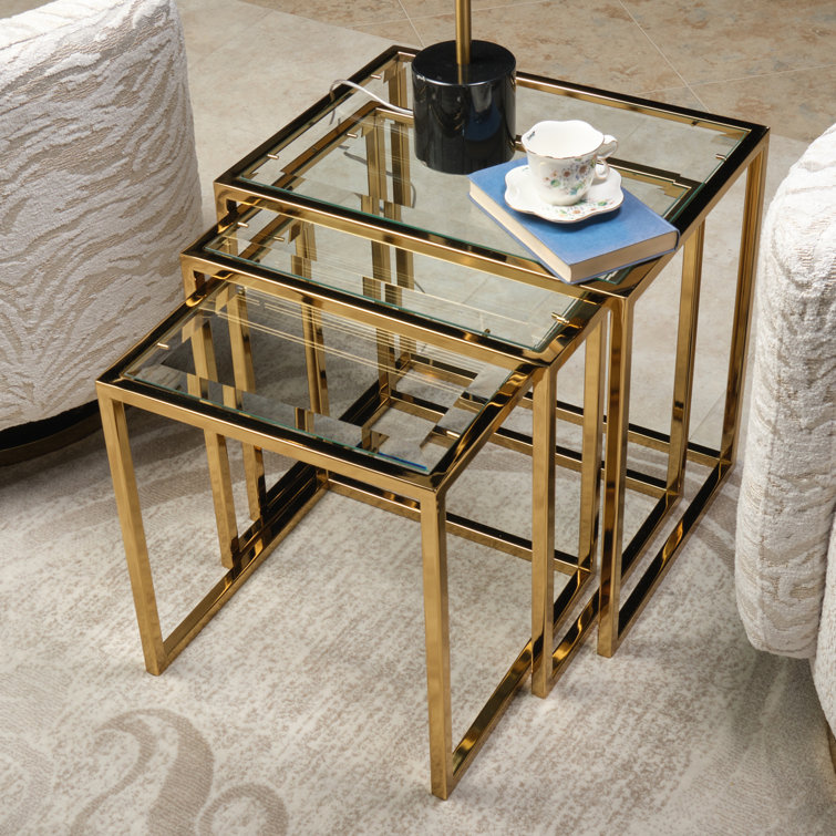 Gold Metal and Glass Rectangular Nesting Tables Set