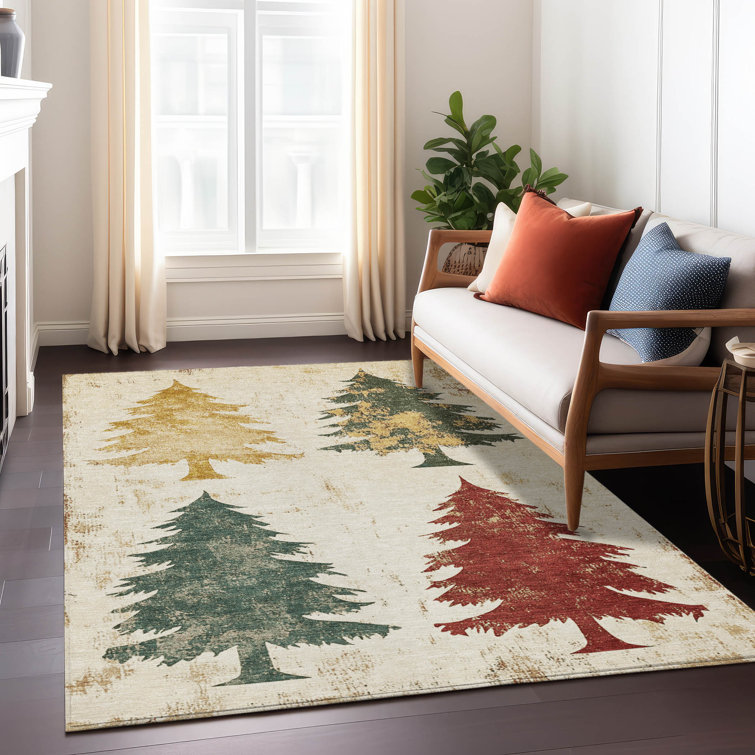 Ivory Synthetic 5' x 7' Washable Rectangular Rug with Tree Design