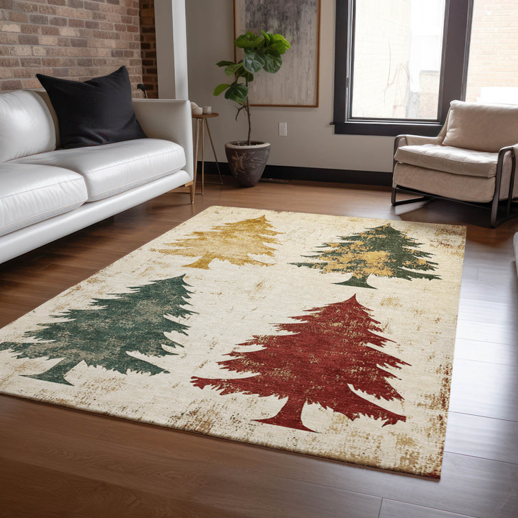 Ivory Synthetic 5' x 7' Washable Rectangular Rug with Tree Design