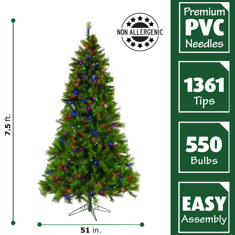 7.5-Foot Green Pine Christmas Tree with Multicolor LED Lights