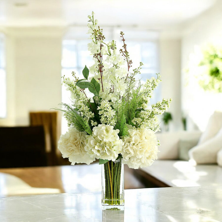 Tall Glass Vase with White Hydrangea and Fern Artificial Floral Arrangement