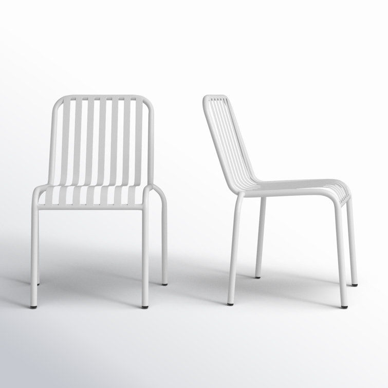 White Powder Coated Steel Armless Outdoor Dining Chairs, Set of 2