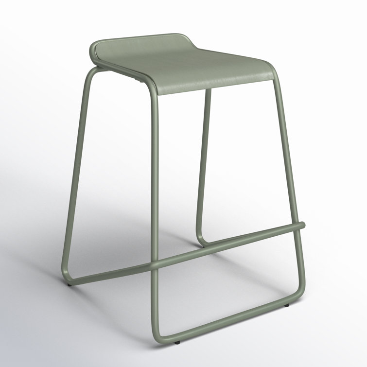 Gray Green Powder-Coated Steel and Wood Counter Stool