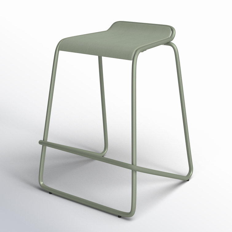 Gray Green Powder-Coated Steel and Wood Counter Stool