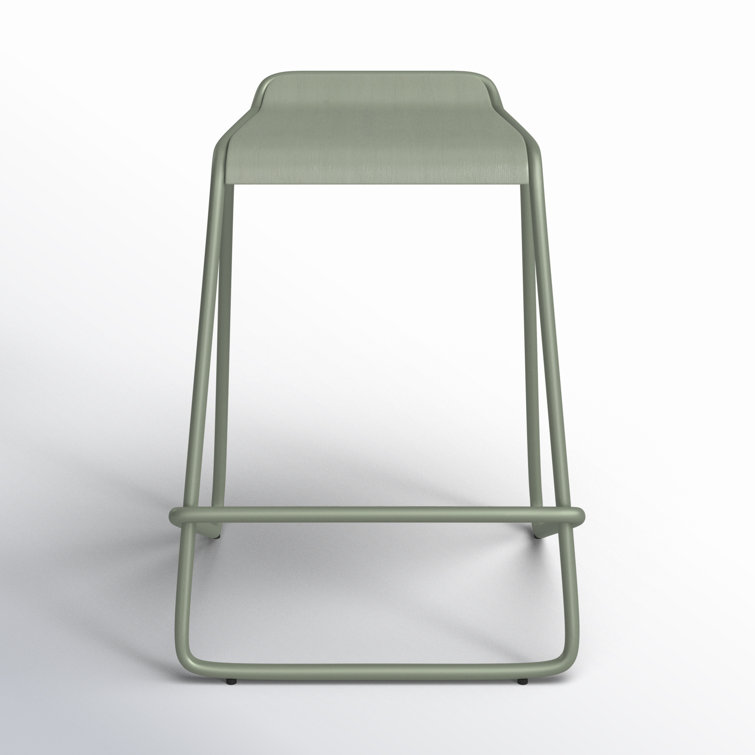 Gray Green Powder-Coated Steel and Wood Counter Stool