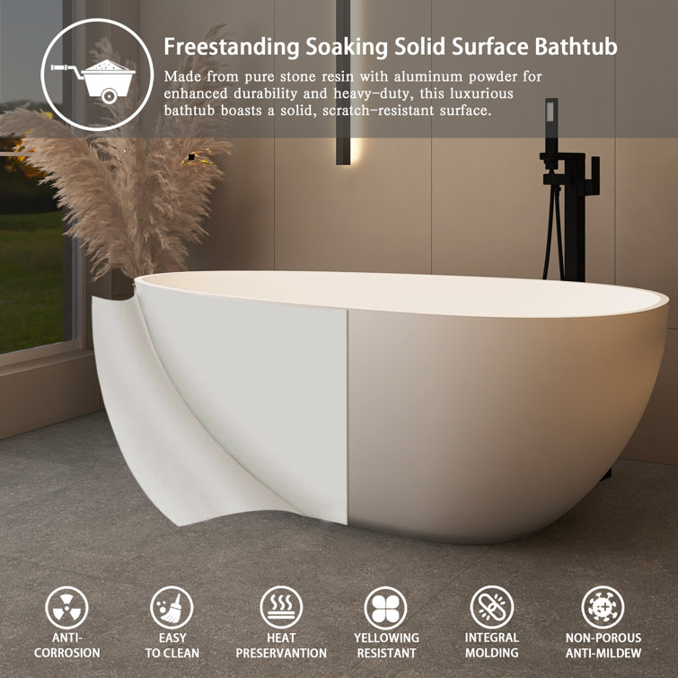 59 in. Matte White Solid Surface Freestanding Soaking Bathtub