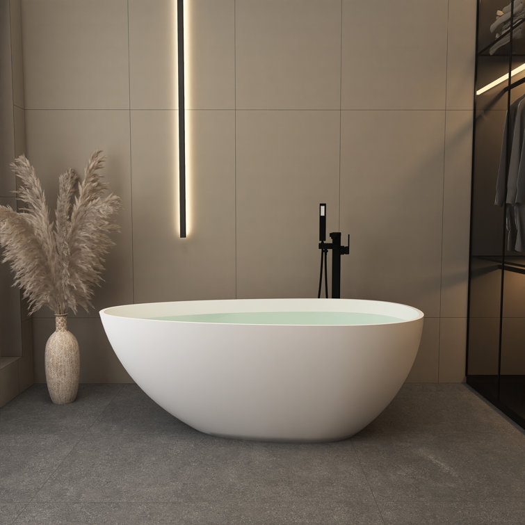 59 in. Matte White Solid Surface Freestanding Soaking Bathtub