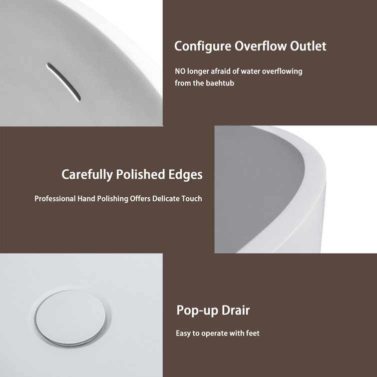59 in. Matte White Solid Surface Freestanding Soaking Bathtub