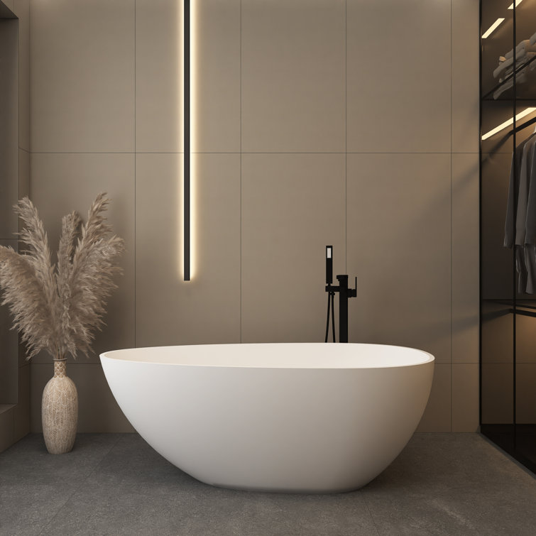 59 in. Matte White Solid Surface Freestanding Soaking Bathtub