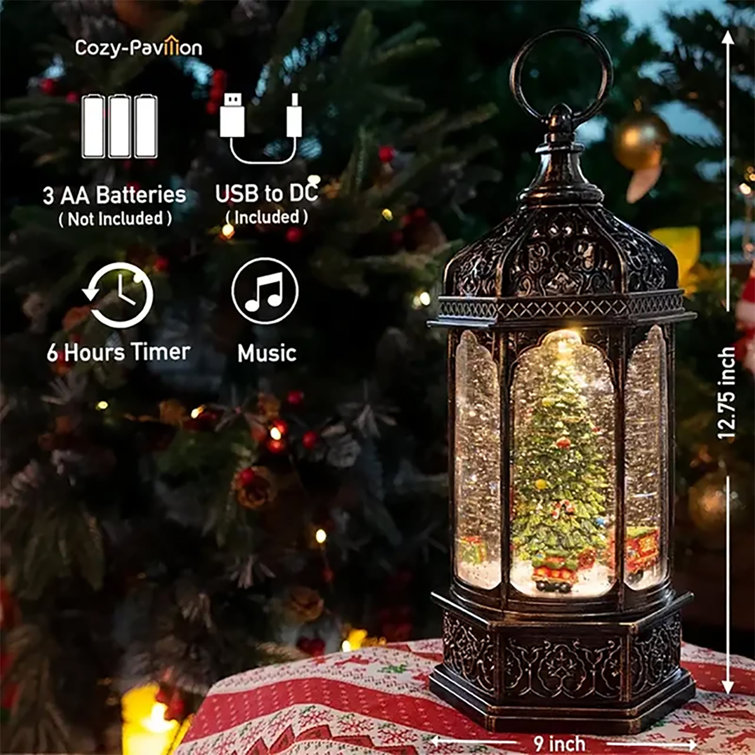13'' Bronze Christmas Tree Musical Snow Globe Lantern
