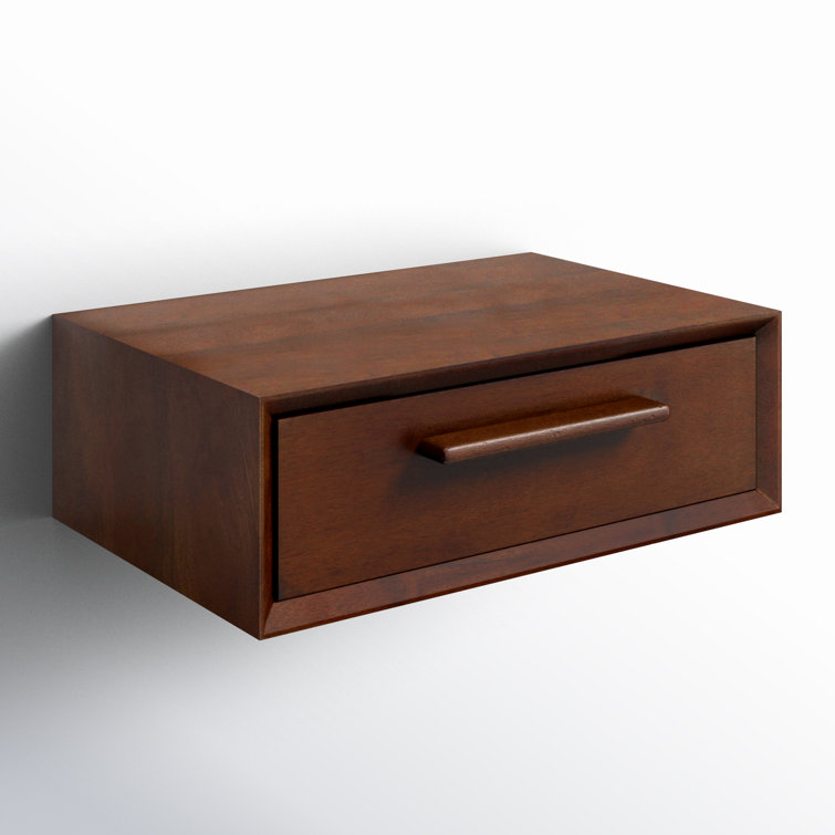 Dark Walnut Mango Wood Floating Wall Shelf with Drawer