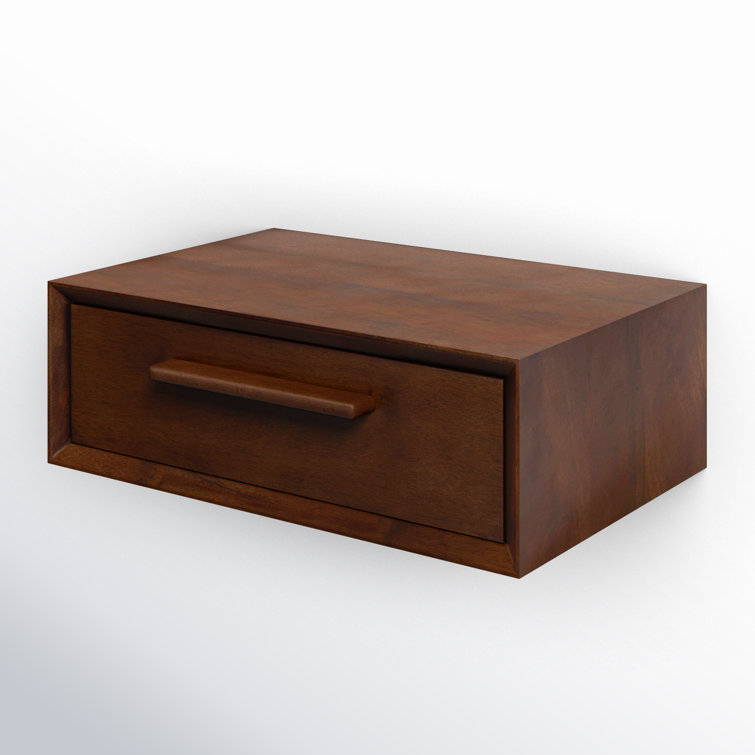 Dark Walnut Mango Wood Floating Wall Shelf with Drawer