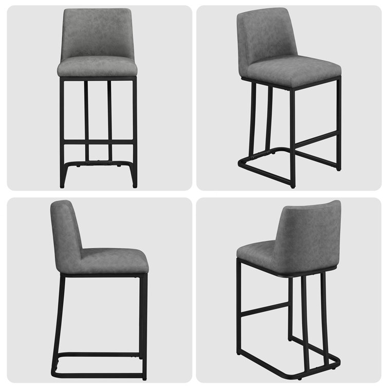 Gray Faux Leather Upholstered Counter Stools with Iron Frame, Set of 2