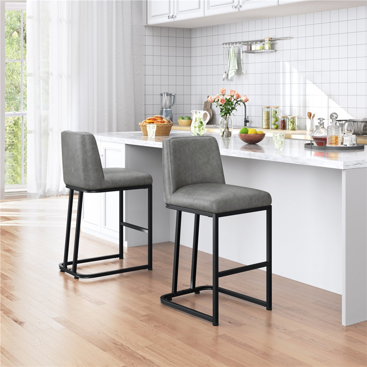 Gray Faux Leather Upholstered Counter Stools with Iron Frame, Set of 2