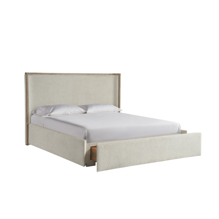 Queen Cream Upholstered Storage Bed with Wood Frame