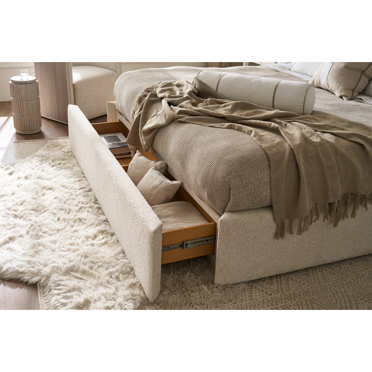 Queen Cream Upholstered Storage Bed with Wood Frame