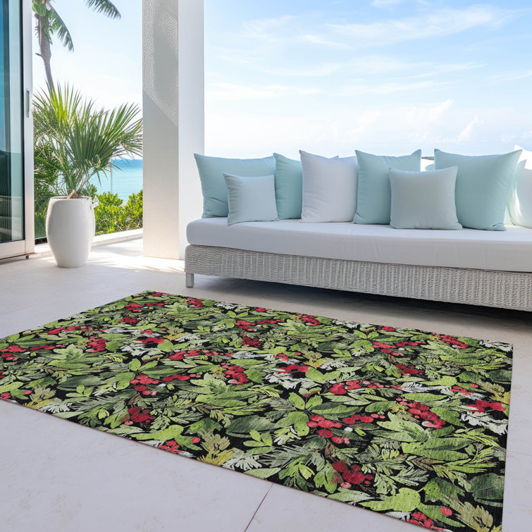 Black and Green Washable Rectangular Holiday Rug