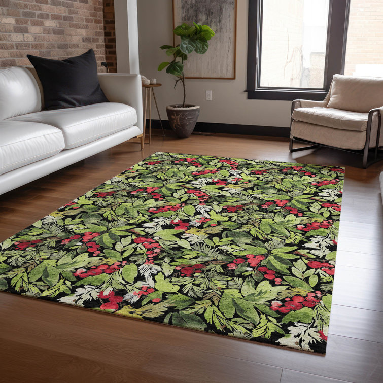 Black and Green Washable Rectangular Holiday Rug