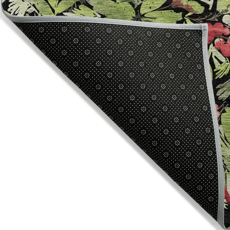 Black and Green Washable Rectangular Holiday Rug