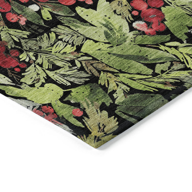 Black and Green Washable Rectangular Holiday Rug