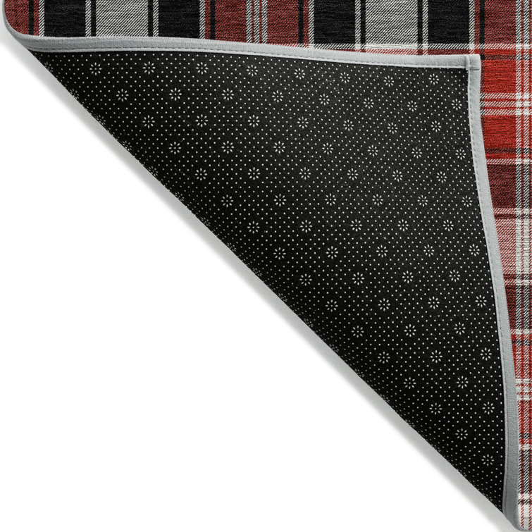 Black and Red Plaid Washable Synthetic Area Rug