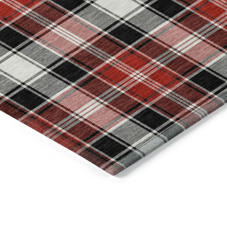 Black and Red Plaid Washable Synthetic Area Rug