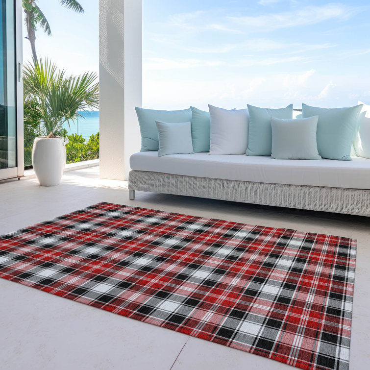 Machine Washable Black and Red Plaid Synthetic Rug