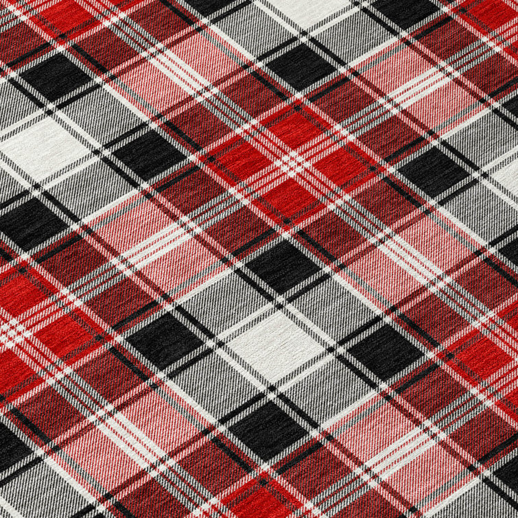 Black and Red Plaid Washable Synthetic Area Rug