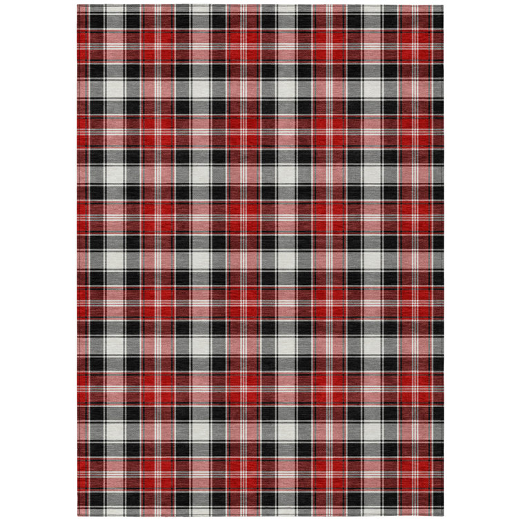 Machine Washable Black and Red Plaid Synthetic Rug