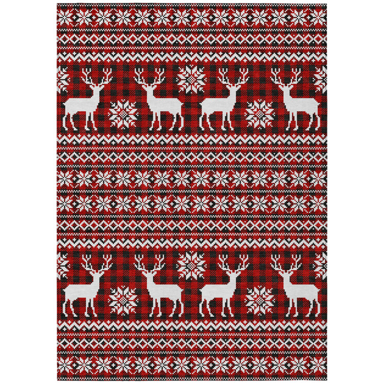Red and White Reindeer Pattern Washable Synthetic Rug 5' x 7'