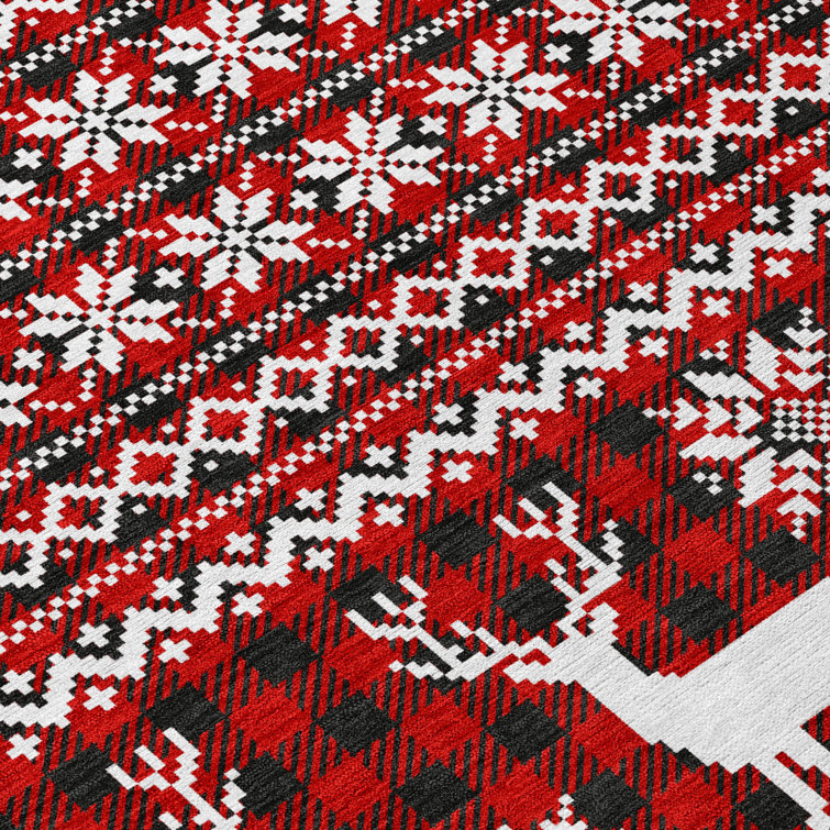 Red and White Reindeer Pattern Washable Synthetic Rug 5' x 7'