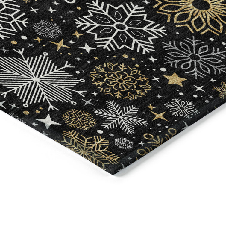 Black and Gold Snowflake Pattern Washable Synthetic Rug