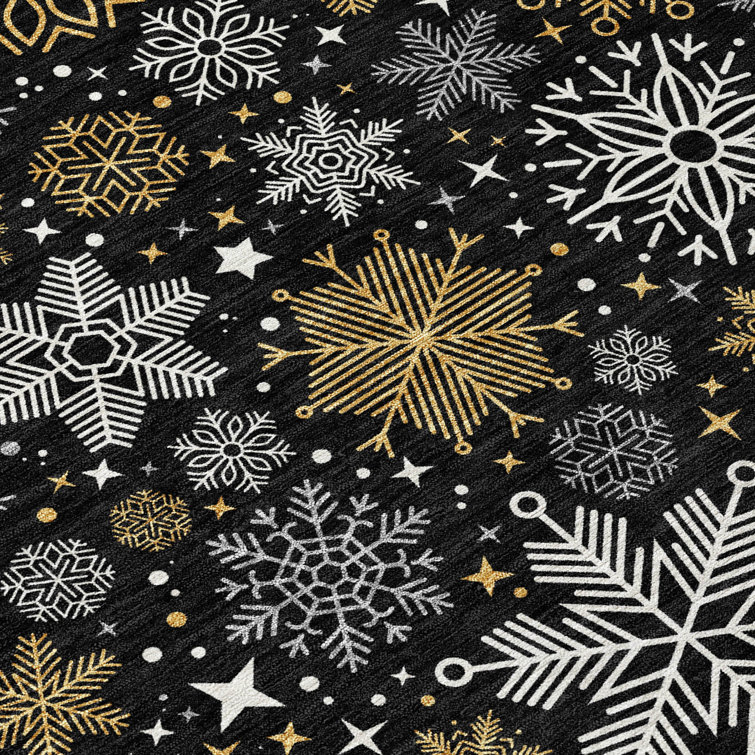 Black and Gold Snowflake Pattern Washable Synthetic Rug