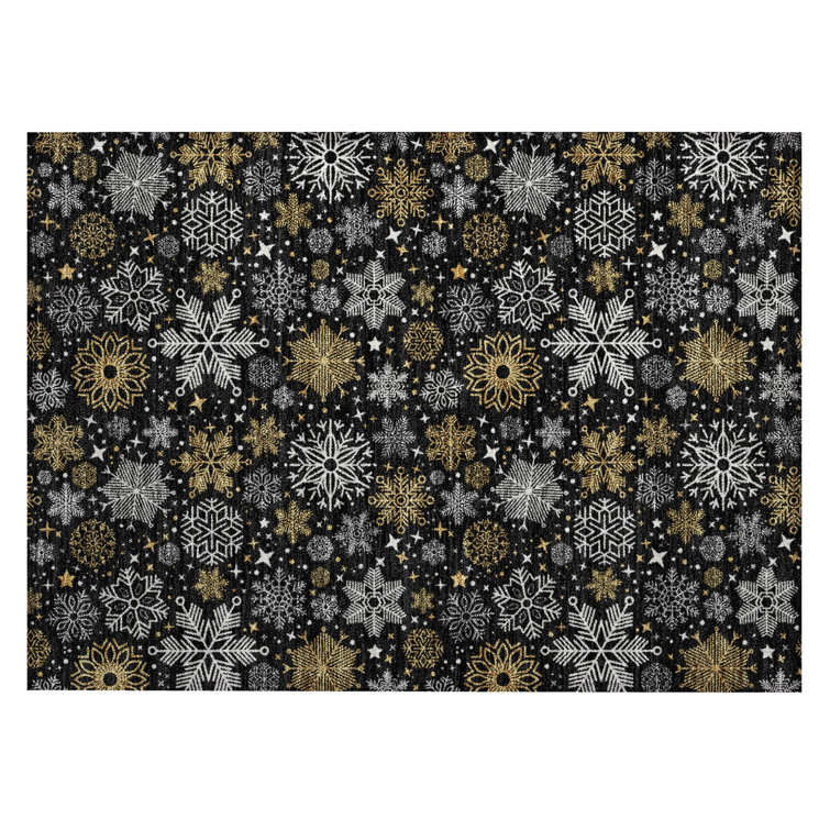 Black and Gold Snowflake Pattern Washable Synthetic Rug