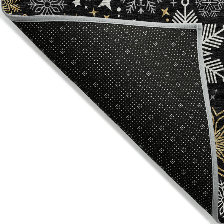 Black and Gold Snowflake Pattern Washable Synthetic Rug