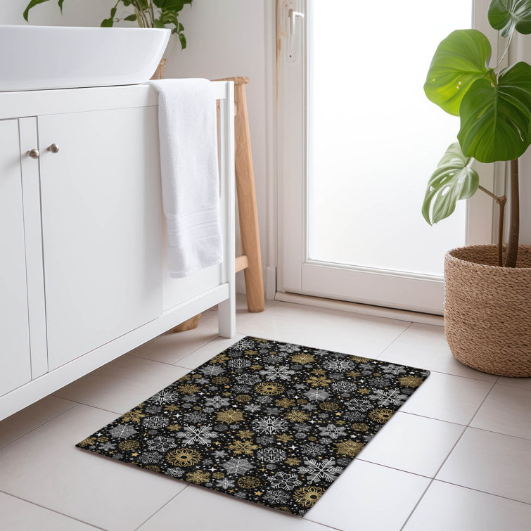 Black and Gold Snowflake Pattern Washable Synthetic Rug