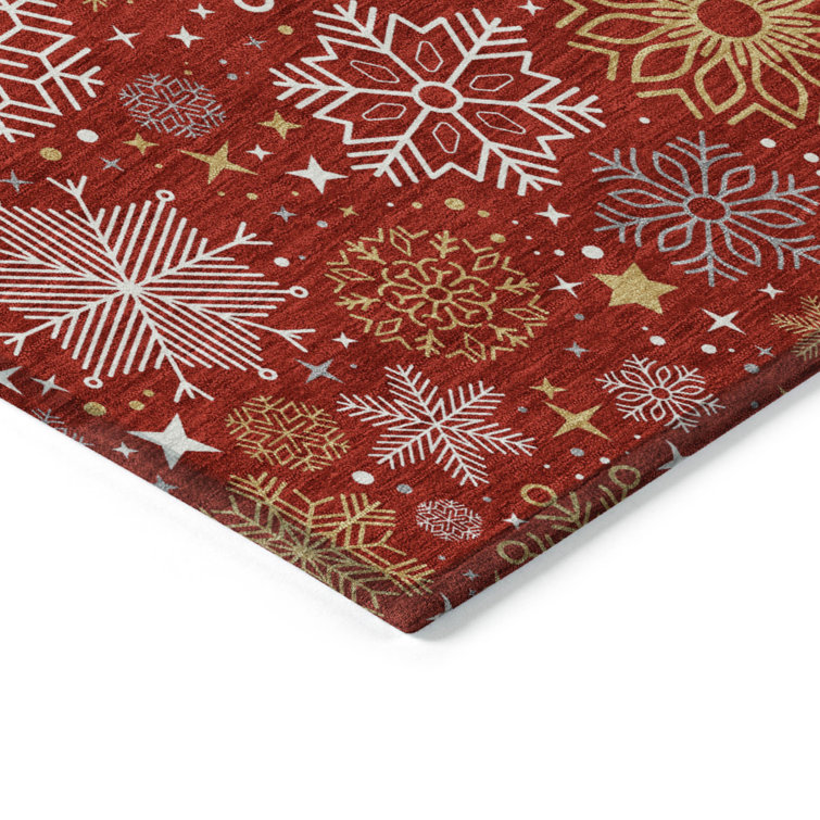 Red Round Synthetic Snowflake Washable Rug, 8' x 8'