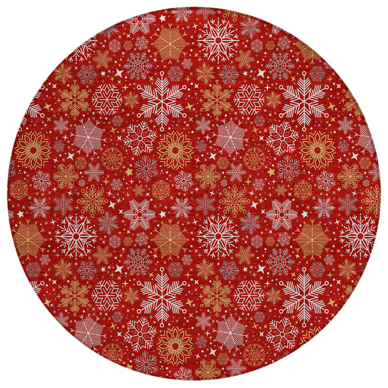 Red Round Synthetic Snowflake Washable Rug, 8' x 8'